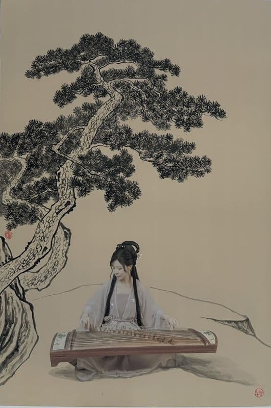 新文人仕女圖-松下彈琴